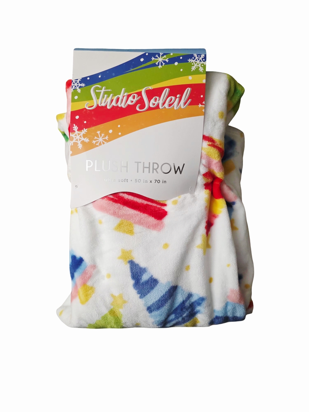 New Plush Throw - White with Multicolor Star & Tree Print